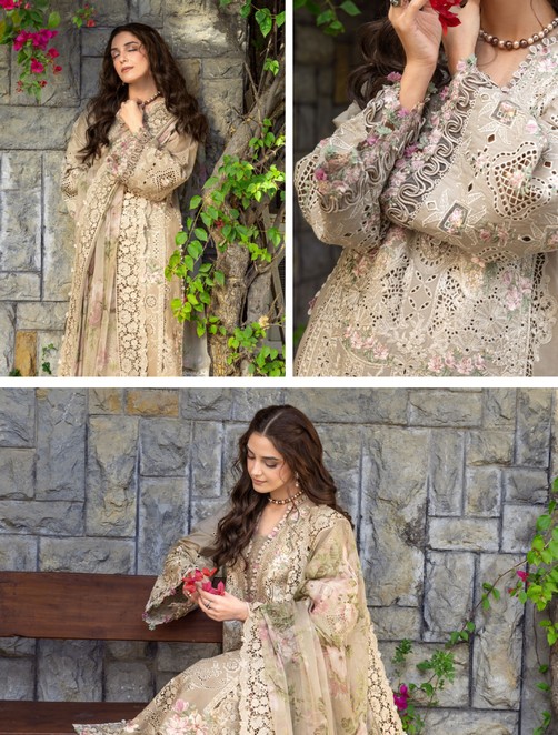 Fashionz for You brings you a stunning embroidered lawn ensemble designed for effortless sophistication. This outfit features a beautifully embroidered lawn laserwork front panel that adds intricate detail and refined charm. The solid dyed lawn front side panels and back create a balanced, graceful silhouette perfect for any occasion. Delicate embroidered lawn laserwork sleeves enhance the overall look with subtle artistry. The outfit is further elevated with an embroidered organza front daman border, adding a luxurious finishing touch. An additional embroidered organza daman and sleeves border enhances the design with layered elegance. The highlight of this ensemble is the embroidered and sublimation printed Monark patched dupatta, offering a rich blend of texture and color. Paired with a solid dyed cambric trouser, this outfit ensures both comfort and style. Perfect for festive gatherings or formal day events, this design reflects modern grace with traditional craftsmanship. Upgrade your seasonal collection with this beautifully detailed statement piece.